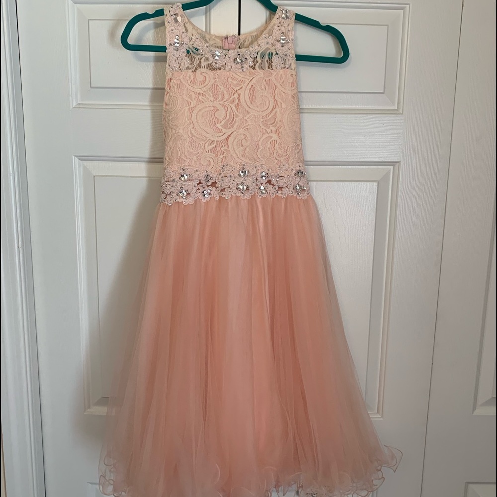 Blush/peach pink, lace and tool dress